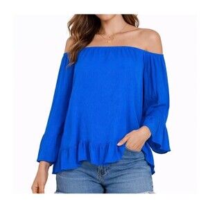 Gianni Bini crinkle cut blouse off shoulder blue trumpet sleeve top SZ S